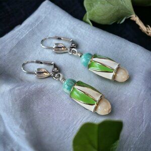 Green Stone and Enamel Earrings